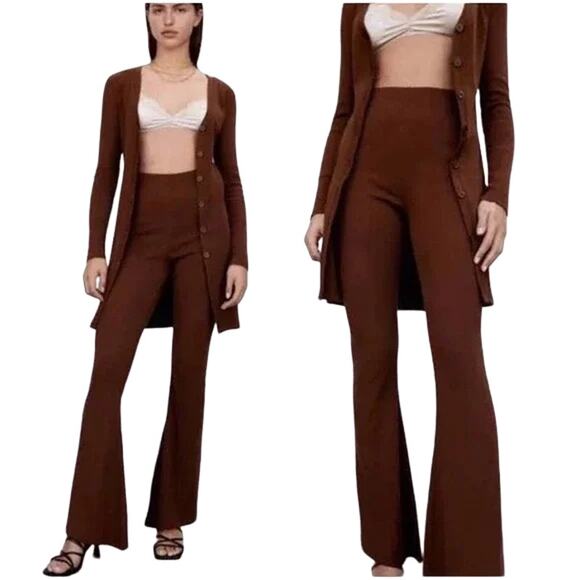 NWT ZARA High Rise Flared Leg Rib Knit Pants in Chocolate brown SZ L - Picture 11 of 11